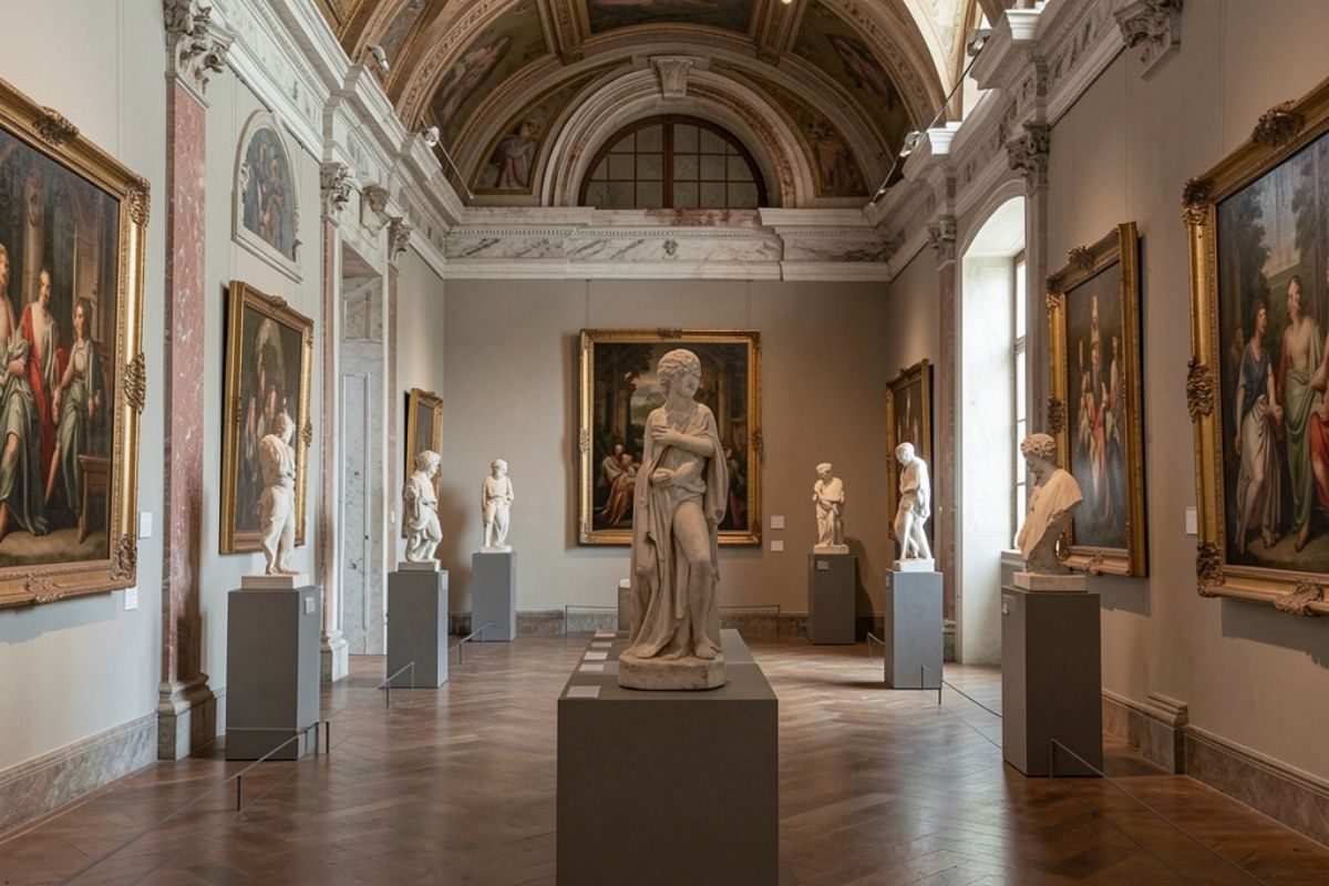 Interno di un museo a Reggio Emilia con opere d'arte e dettagli architettonici