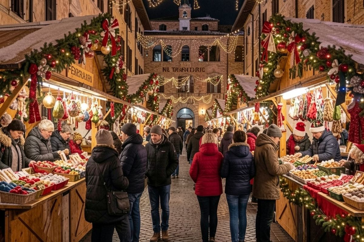 Mercatini di Natale a Ferrara con bancarelle e decorazioni festive, un'immagine che rappresenta l'atmosfera natalizia