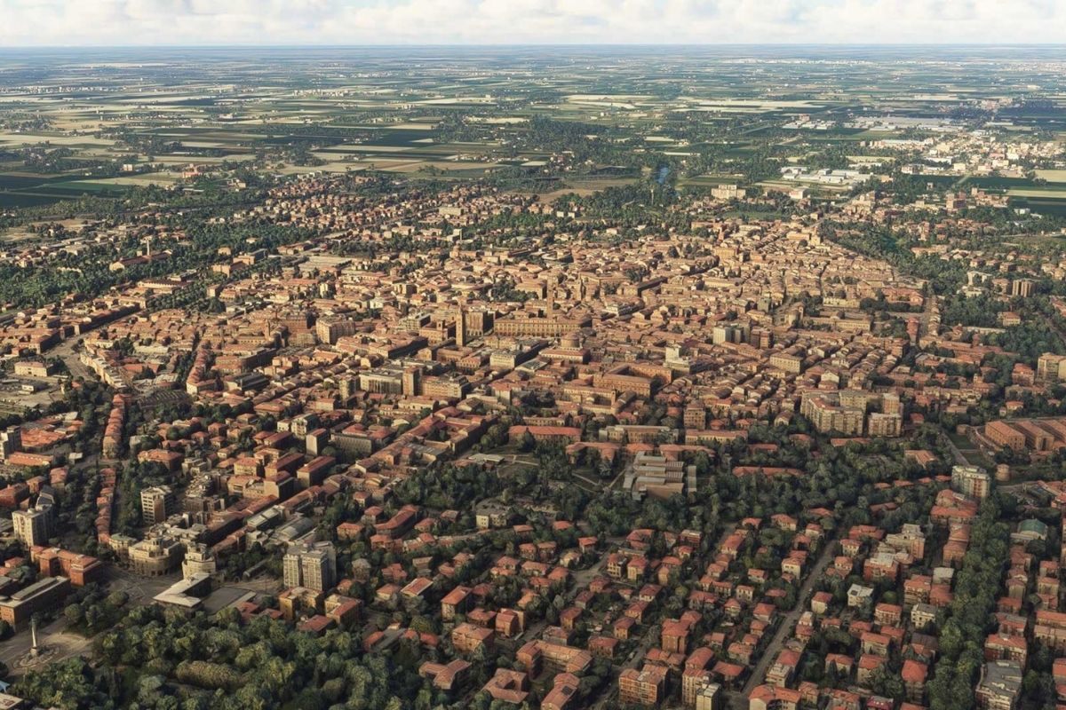 Vista panoramica di Forlì con i suoi monumenti storici e architettura razionalista