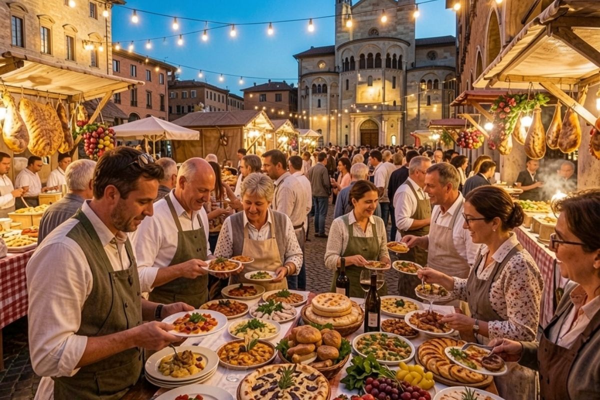 Persone che partecipano a una sagra enogastronomica a Modena, con piatti tipici e atmosfera festosa.