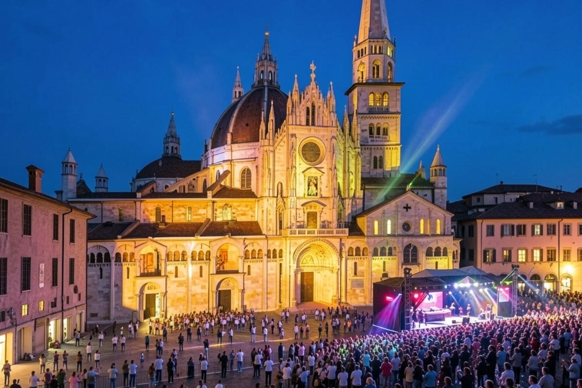 Vista panoramica del Duomo di Modena illuminato durante un evento, con gente che partecipa.
