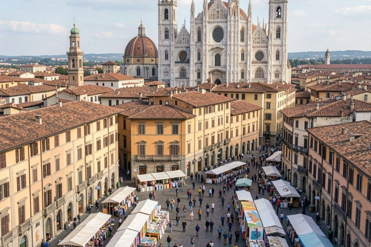 Panorama della città di Parma con il Duomo sullo sfondo, evidenziando l'atmosfera culturale.