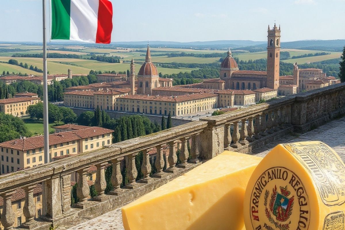 Veduta panoramica di Reggio Emilia, con il Tricolore e il Parmigiano Reggiano in evidenza