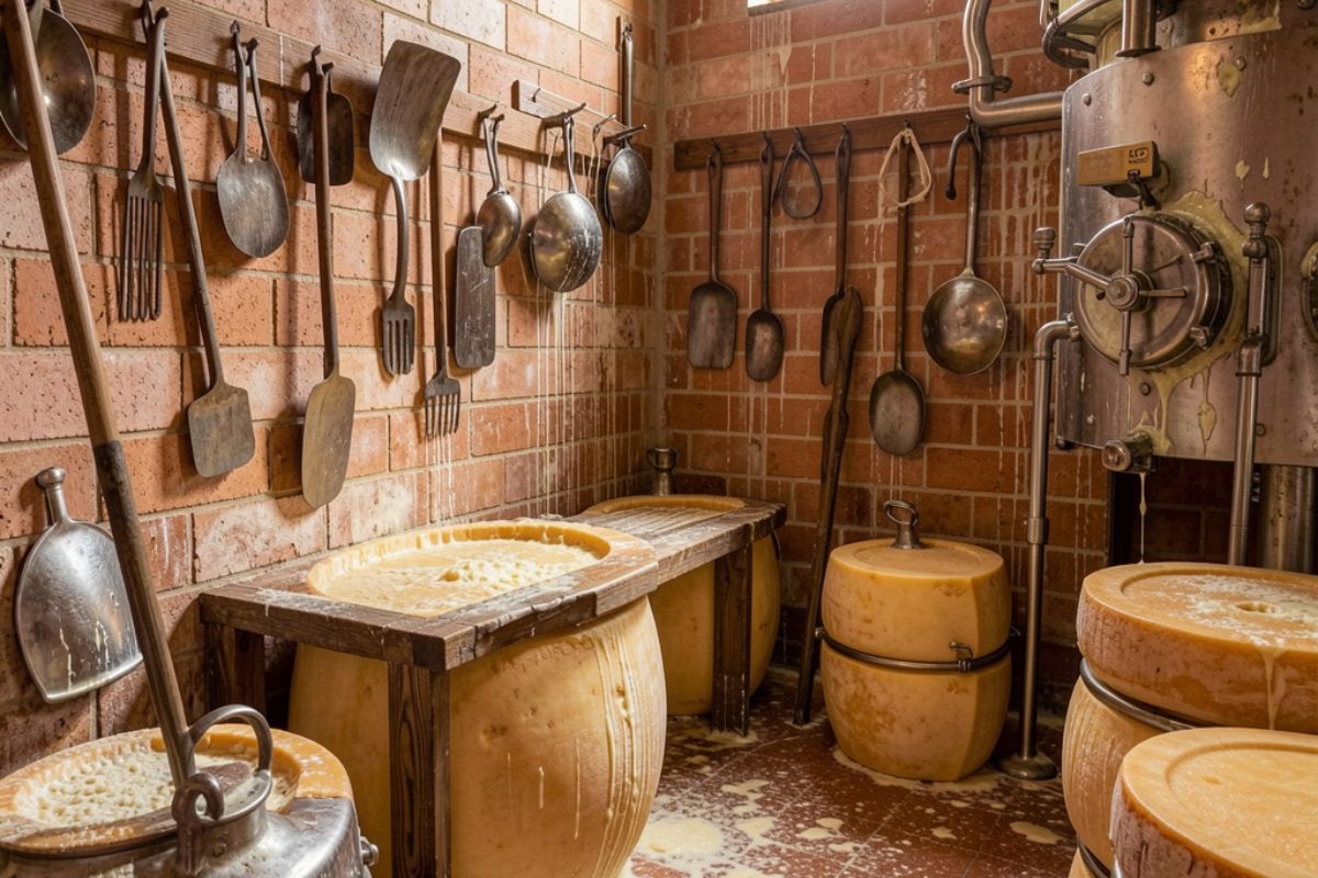 Interno di un caseificio del Parmigiano Reggiano, mostra il processo di produzione