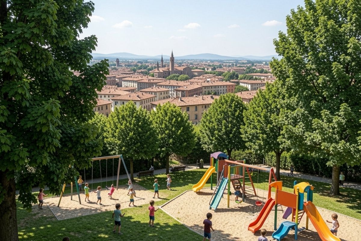 Vista panoramica di Modena con bambini che giocano in un parco